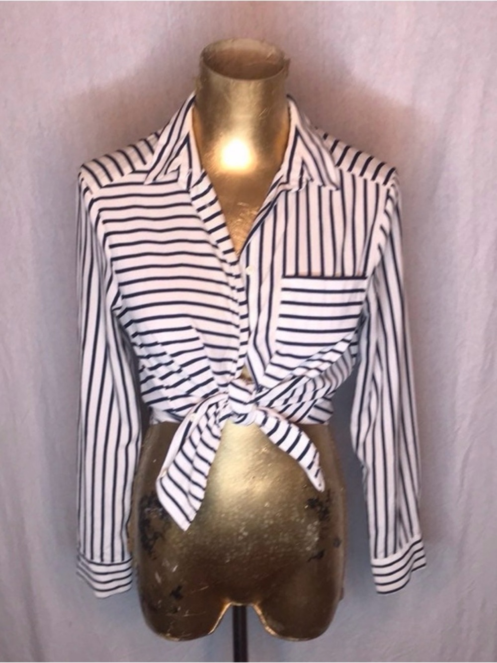 Top Shop Striped Knot-Front Women's Shirt Top - Navy Blue and white
